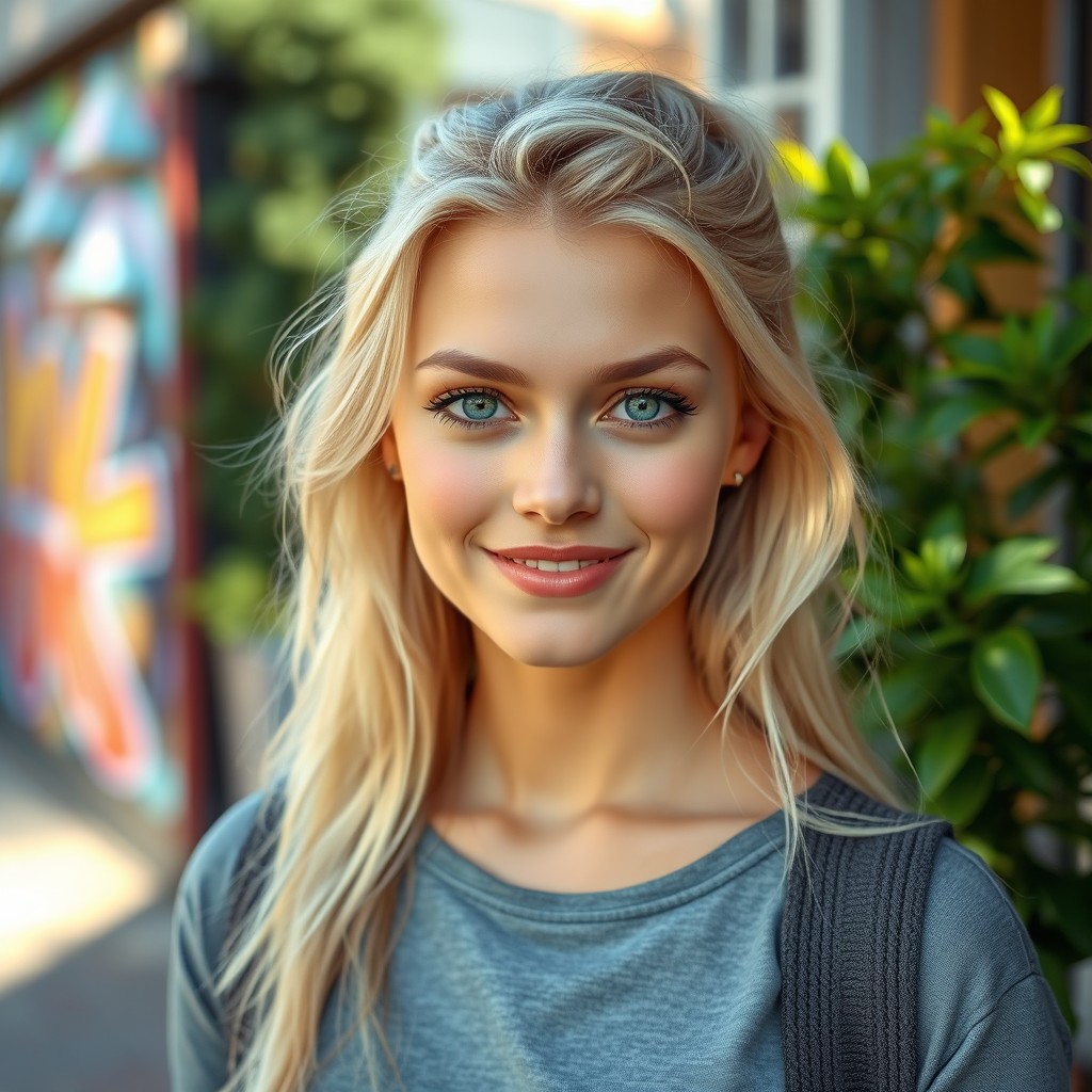 A beautiful young woman with blonde skin, green eyes, and a slightly slanted eye structure, radiating confidence and charm