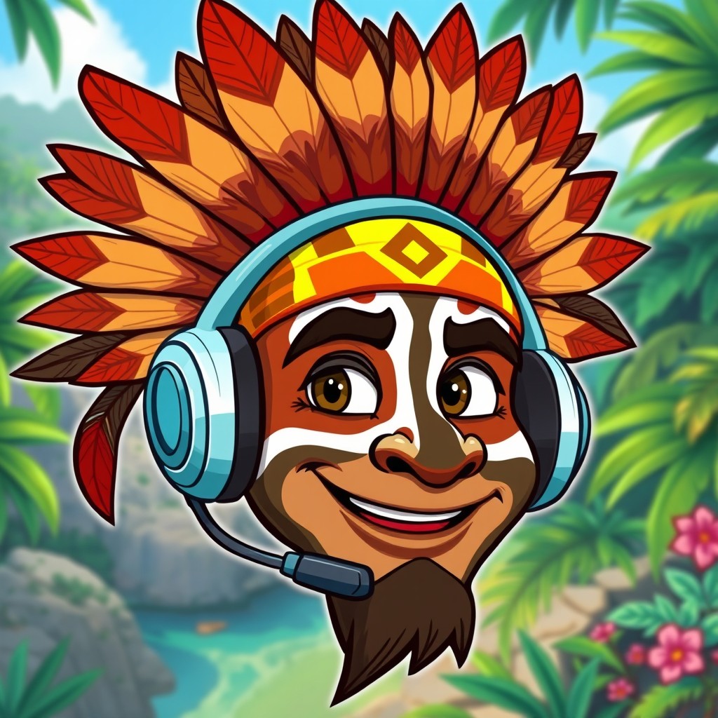 A cartoon depiction of a Papua New Guinea Hela Wigman head featuring traditional tribal face paint and elaborate feathered headdress
