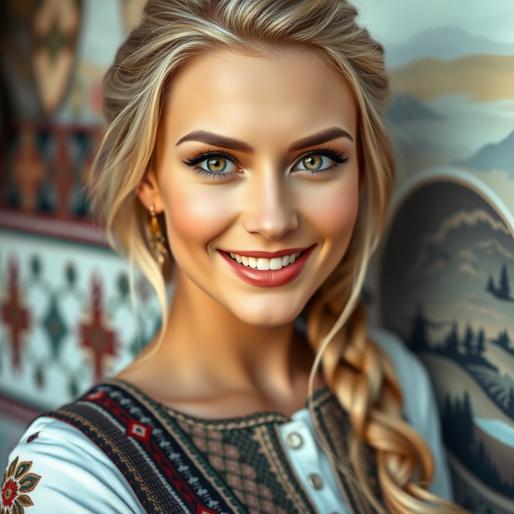A captivating woman with blonde skin and striking green eyes, featuring a slightly slanted eye shape reminiscent of individuals from Kazakhstan