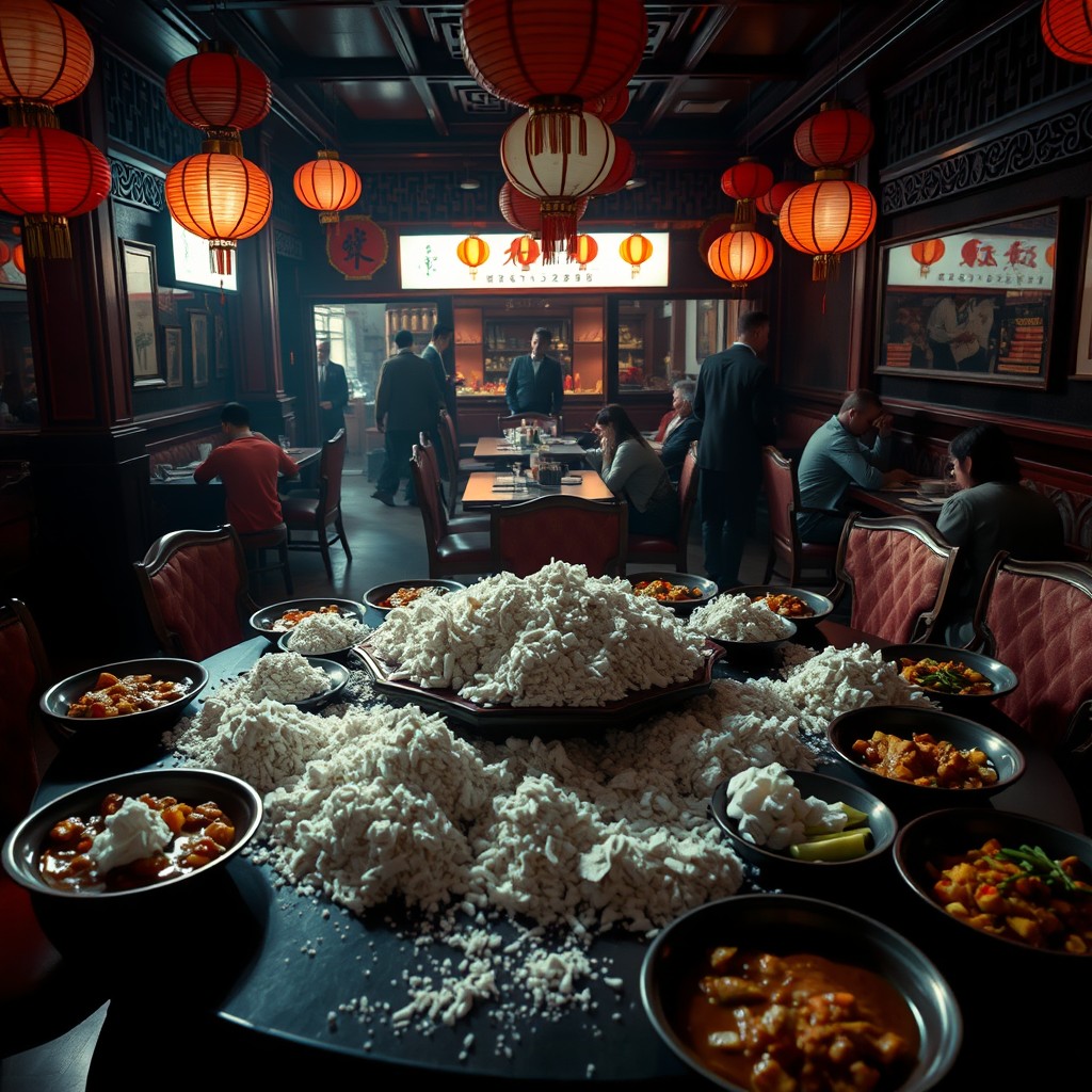 A dimly lit Chinese restaurant featuring traditional decor such as red lanterns and intricate wooden carvings