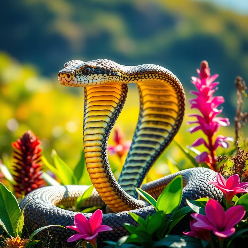 An artistically enhanced image of a majestic cobra, showcasing its striking patterns and colors