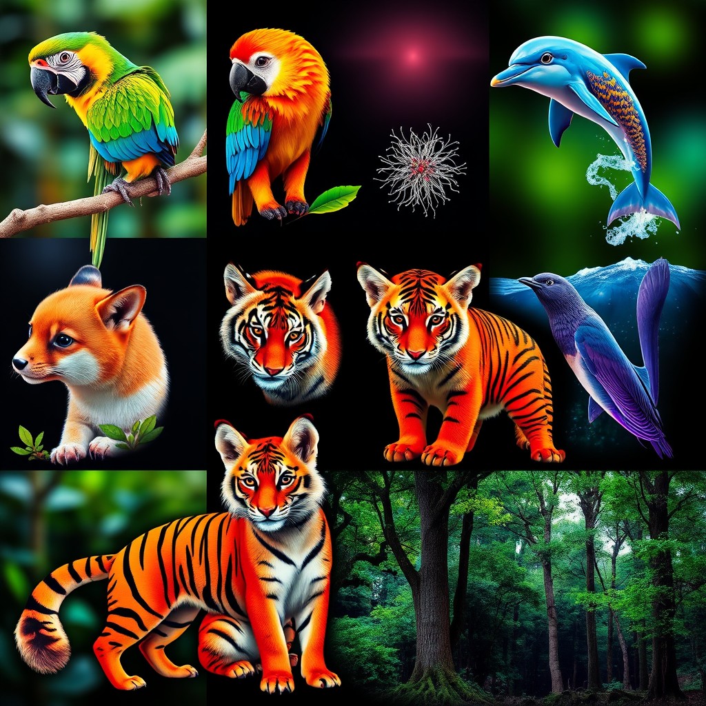 A vibrant collection of various animals in stunning colors, showcasing their natural beauty through rich, bright hues