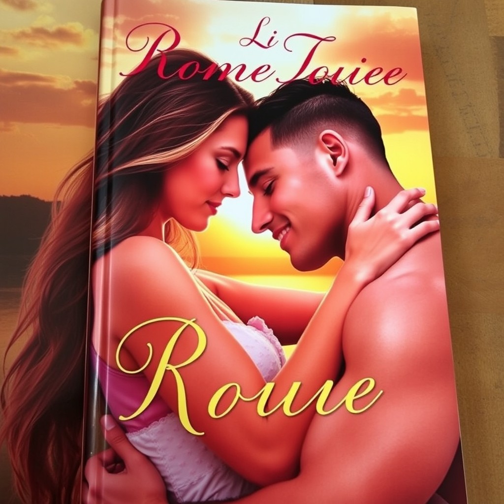 A romantic book cover featuring a beautiful woman with long, flowing hair and captivating eyes, embracing a handsome man with chiseled features and a charming smile