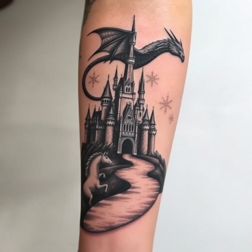 A fairytale castle sits majestically at the end of a long, winding path that leads gracefully toward it