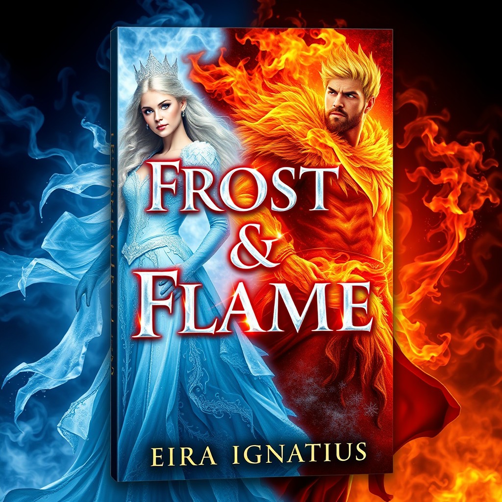 A stunning book cover design for 'Frost & Flame' by Eira Ignatius featuring an ice queen and a fire king