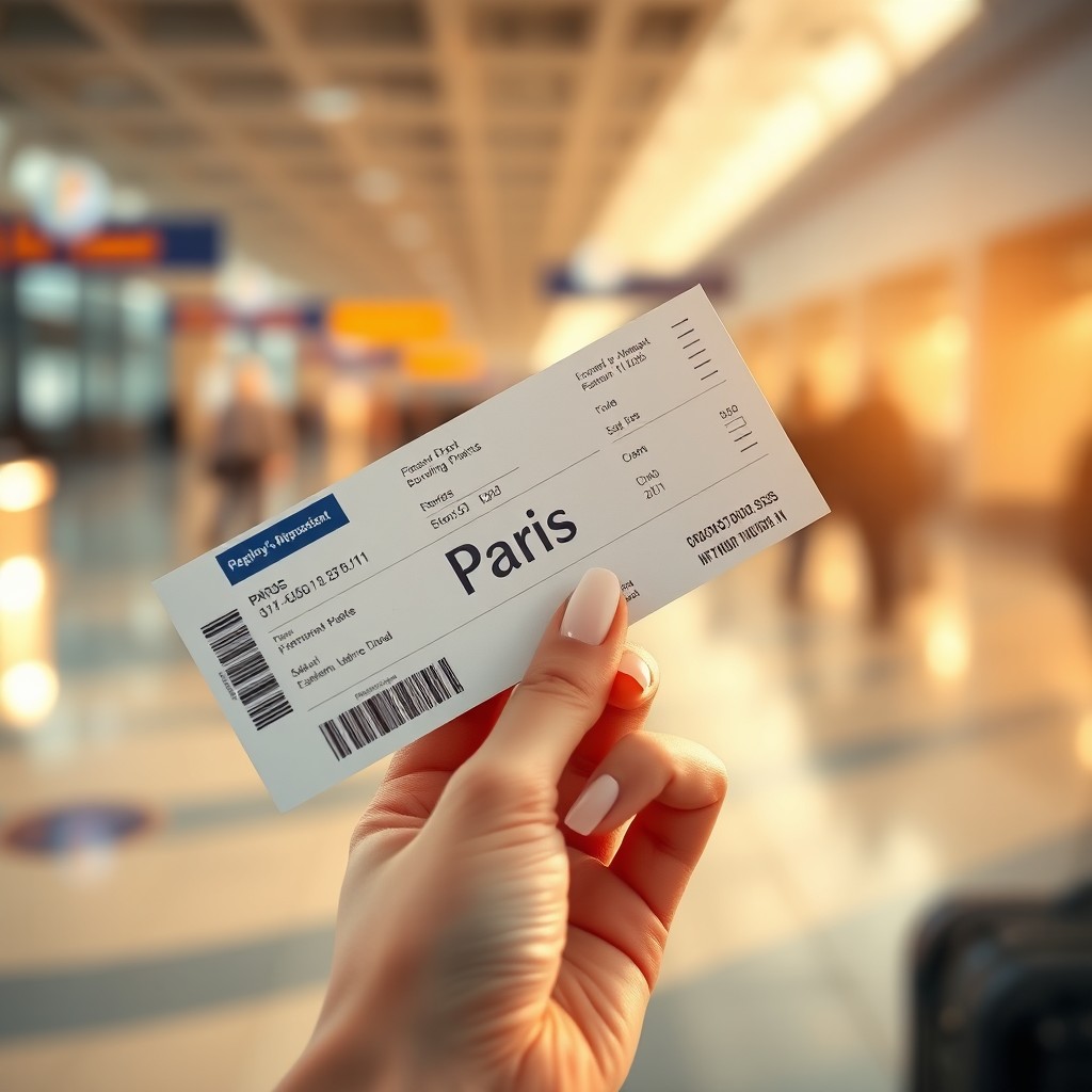 A close-up image of a hand holding a boarding pass to Paris