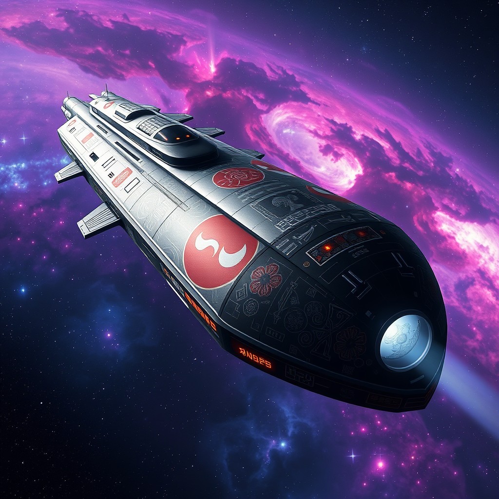A massive and intricate spaceship adorned with traditional Japanese symbols and art, featuring a sleek and futuristic design