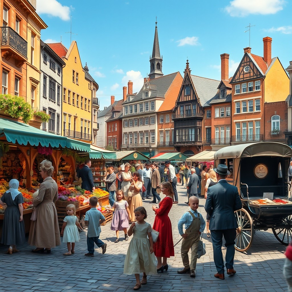 A bustling historical urban scene set in the late 1800s, showcasing a lively market square filled with vibrant stalls
