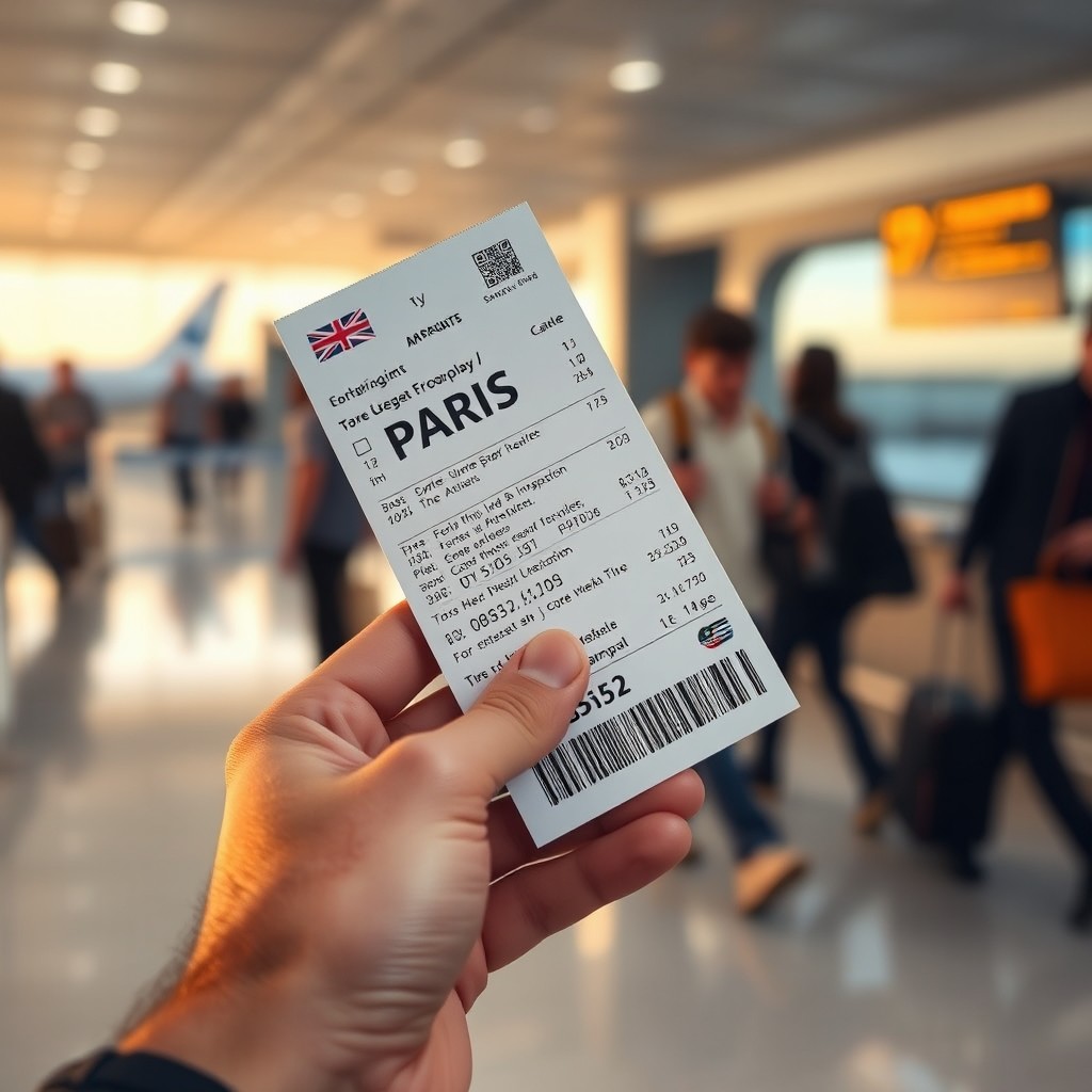 A close-up of a man's hand holding a boarding pass to Paris, showcasing the details of the pass with clear text and flight information