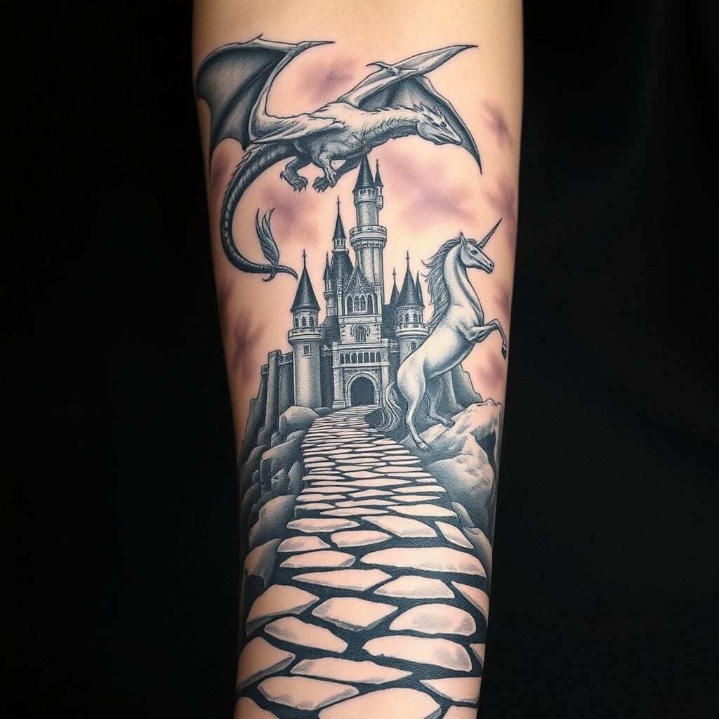 A fairytale castle looms majestically at the end of a long, rocky, slithering path that leads up to it, the stones uneven and natural