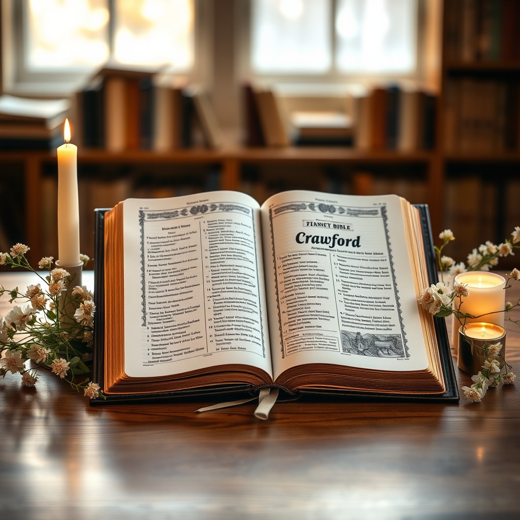 An elegantly designed image of an open Crawford Standard Bible, showcasing its detailed illustrations and beautiful calligraphy
