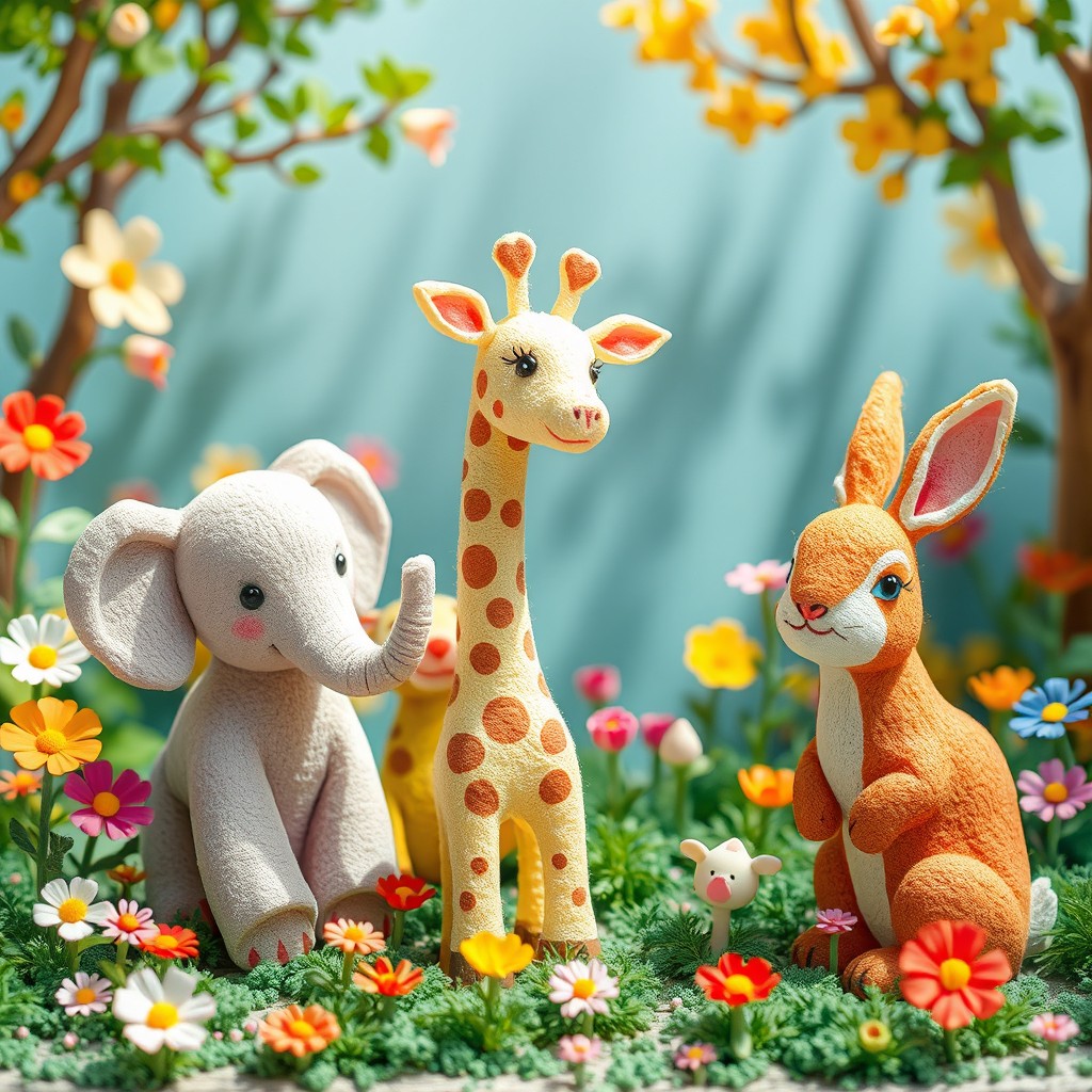 A whimsical scene depicting an array of charming sawdust animals, intricately hand-carved and filled with vibrant, delightful colors