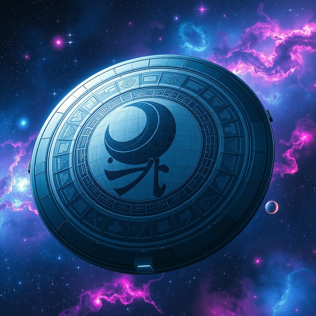 A gigantic circular spaceship featuring intricate Japanese symbols and designs on its surface