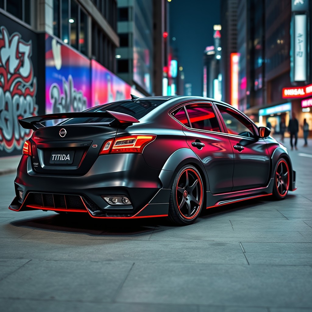 A modified Nissan Tiida parked in a dynamic urban environment, featuring a striking design that includes a wide body kit, custom spoilers, and eye-catching alloy wheels