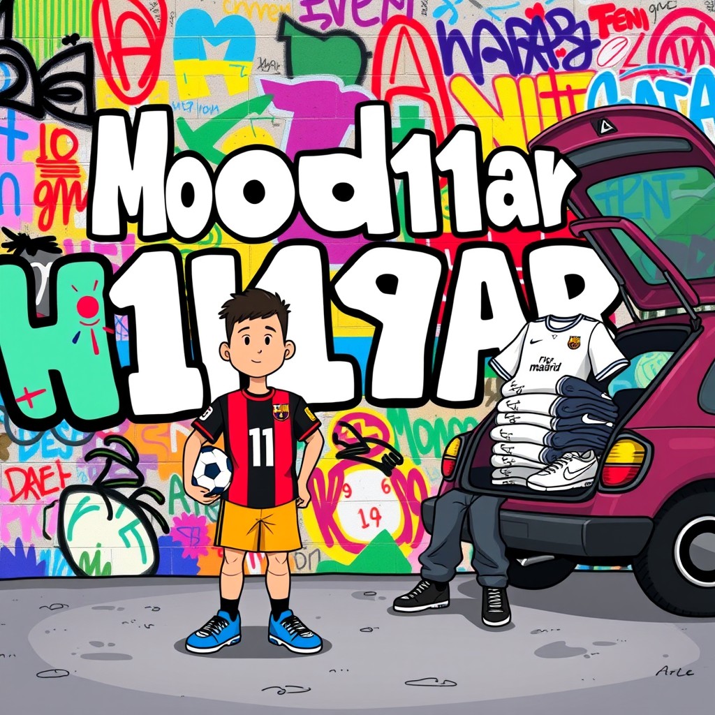 A colorful and playful cartoon-style scene depicting a vibrant wall fully covered in graffiti