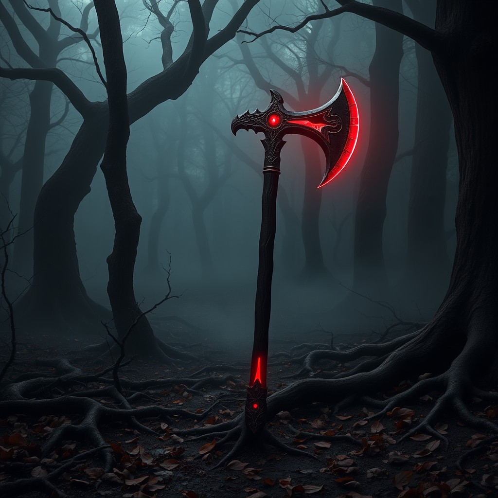 In a dark fantasy forest setting, where shadows dance among ancient trees and fog weaves through the underbrush, a striking black axe stands as the focal point, radiating an ominous red glow