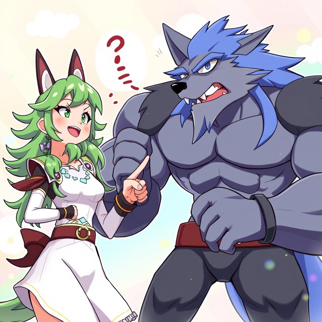 A dynamic and playful scene depicting Nel, a character with vibrant green hair and an energetic demeanor, teasing Grimmjow, a tall and muscular character with blue hair and a wolf-like appearance