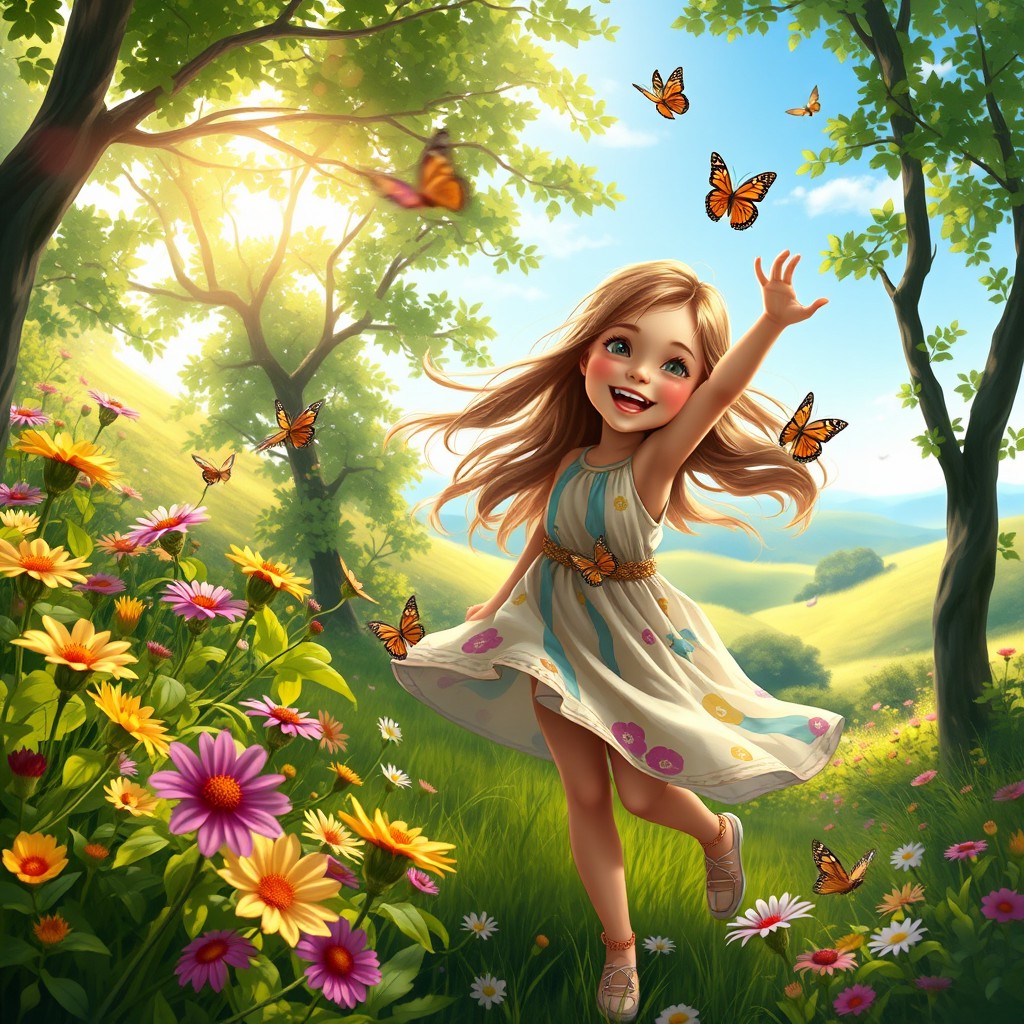 A beautiful digital painting of a young girl joyfully playing in a lush green natural setting