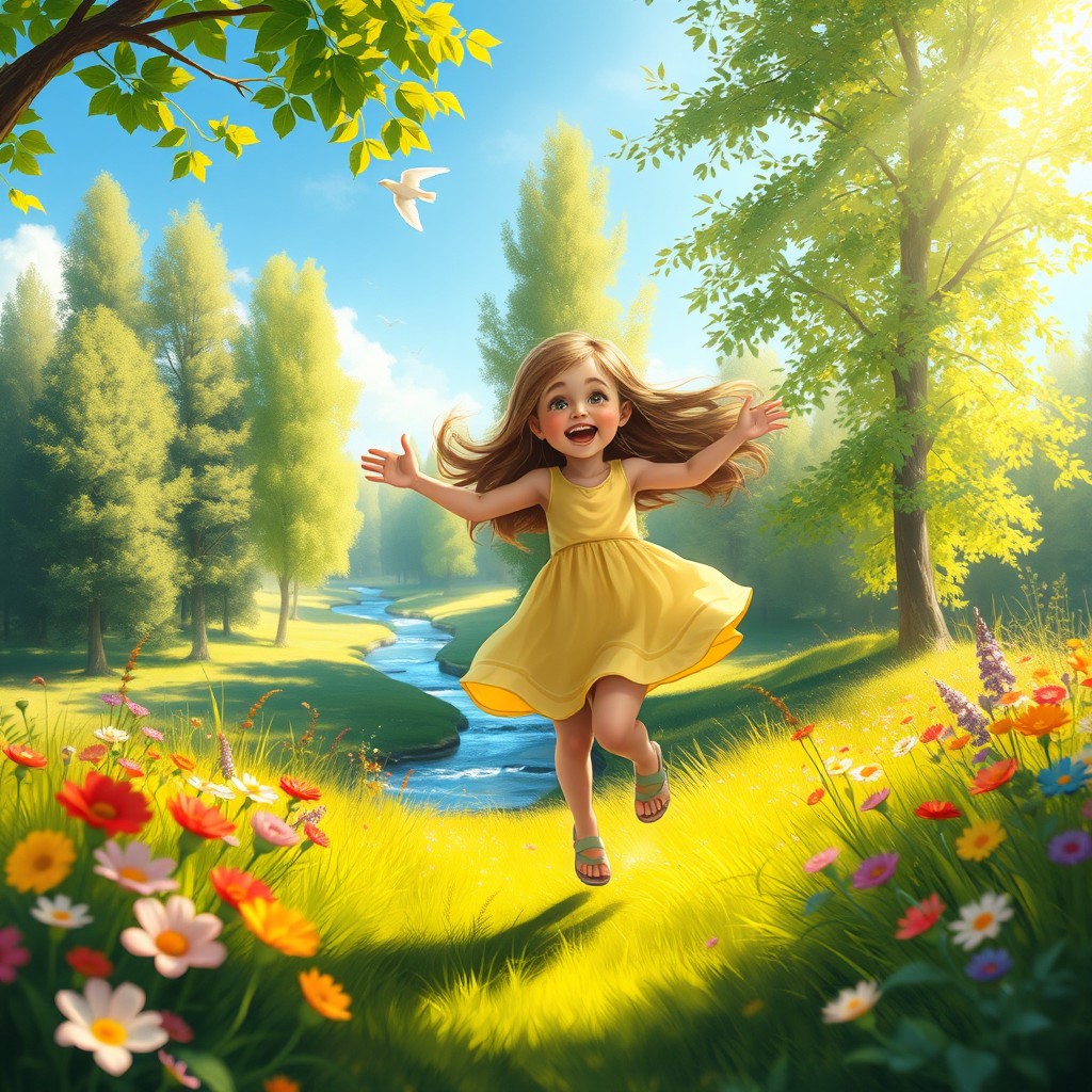 A beautiful digital painting of a young girl joyfully playing in a lush green meadow, surrounded by colorful flowers and tall, vibrant trees