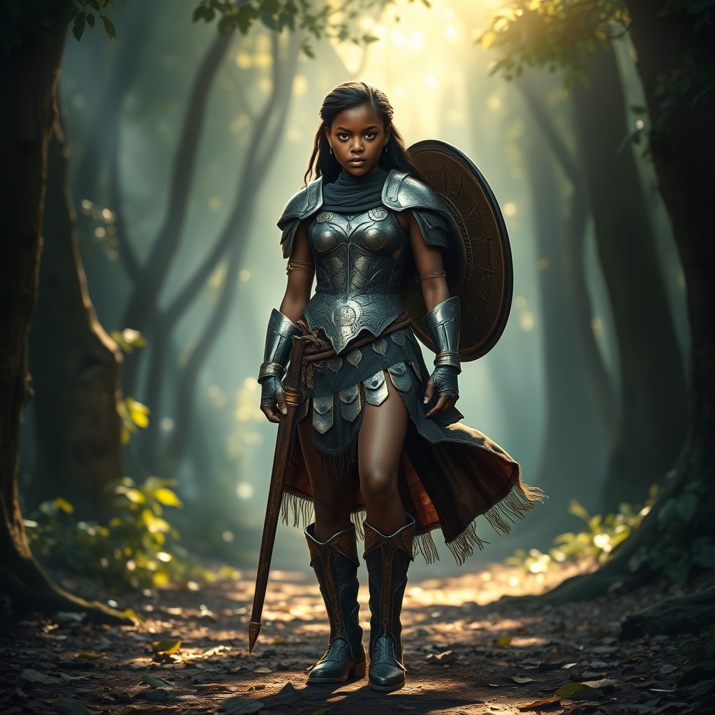A stunning depiction of a 13-year-old black female warrior, embodying the spirit of an Amazon