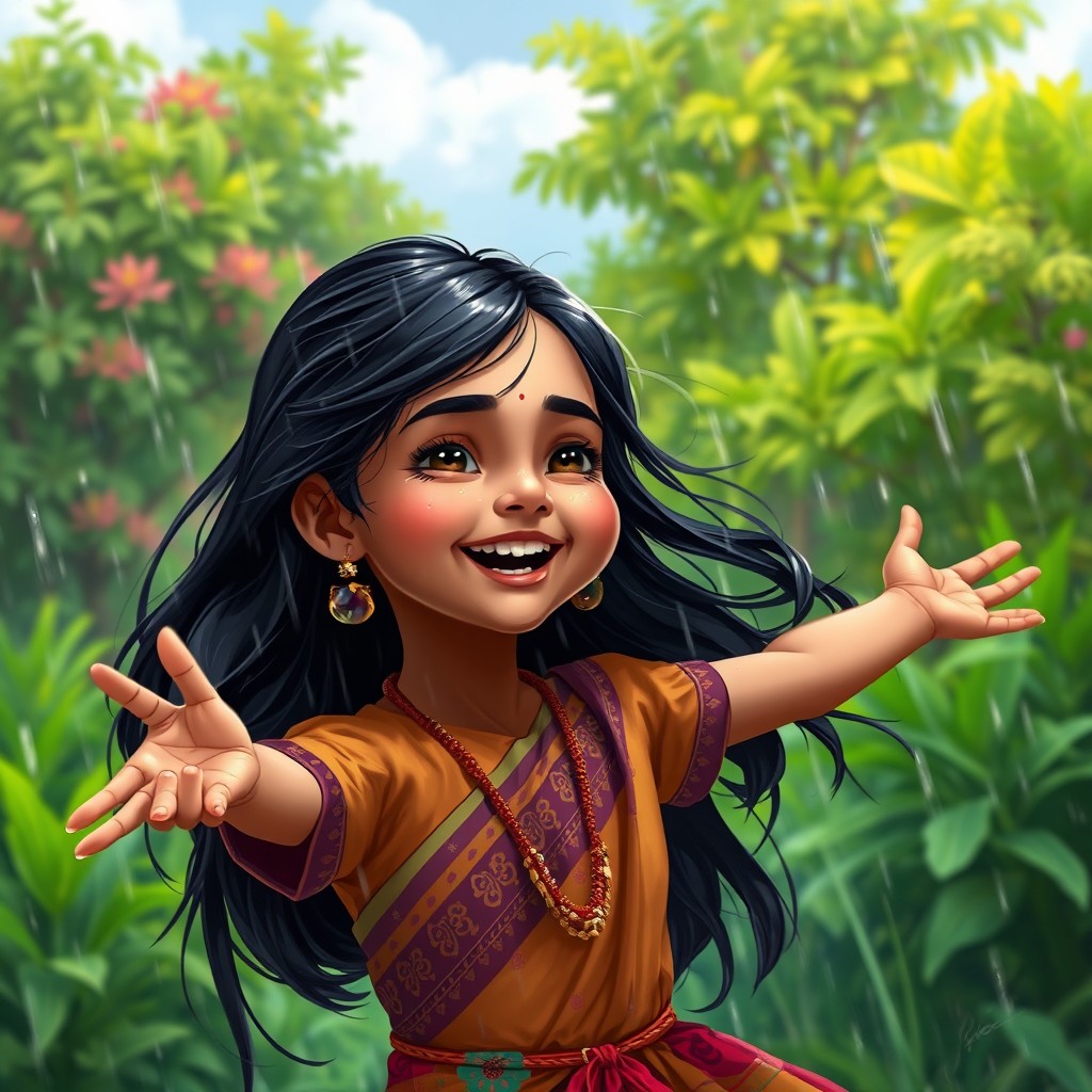 A beautiful digital painting of a young Indian girl joyfully enjoying the rain, surrounded by lush green nature