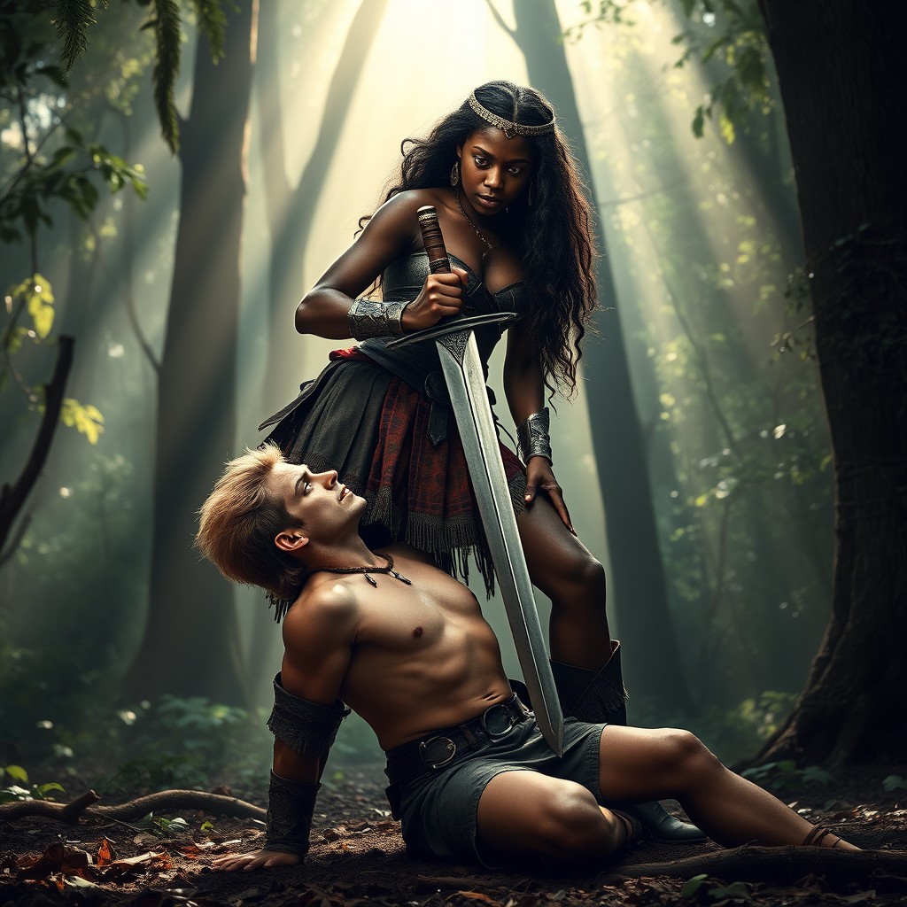 A dramatic scene featuring a 13-year-old black female Amazon warrior, dressed in a traditional Amazonian skirt and sturdy boots, confidently standing over an 18-year-old blonde man