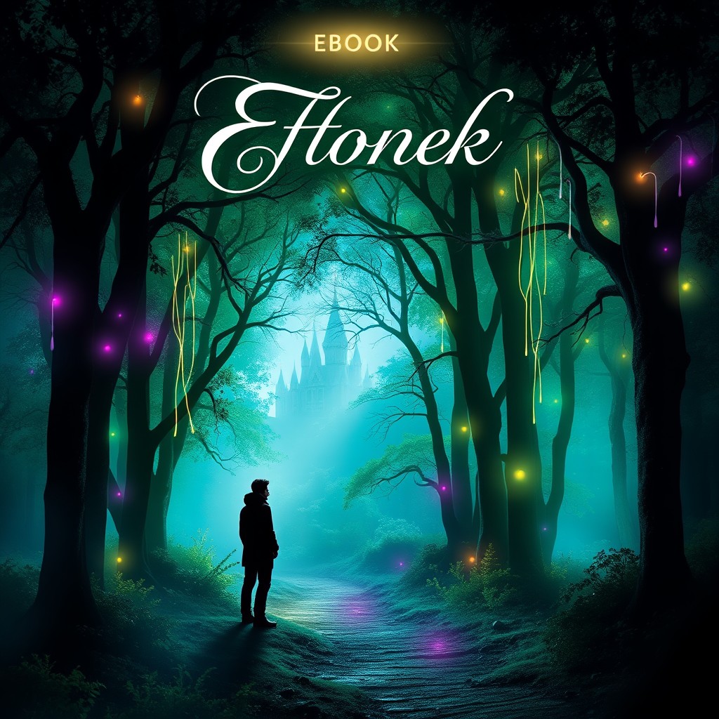 An eye-catching ebook cover design featuring a mystical forest with glowing trees and ethereal, colorful lights draping through the leaves