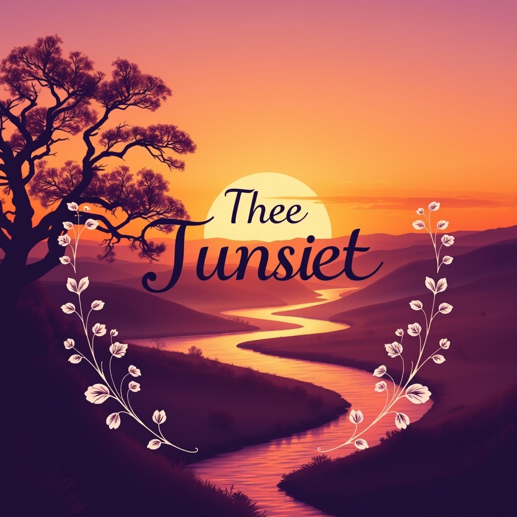A captivating book cover design for your book, featuring a serene landscape at sunset with rolling hills bathed in warm orange and purple hues