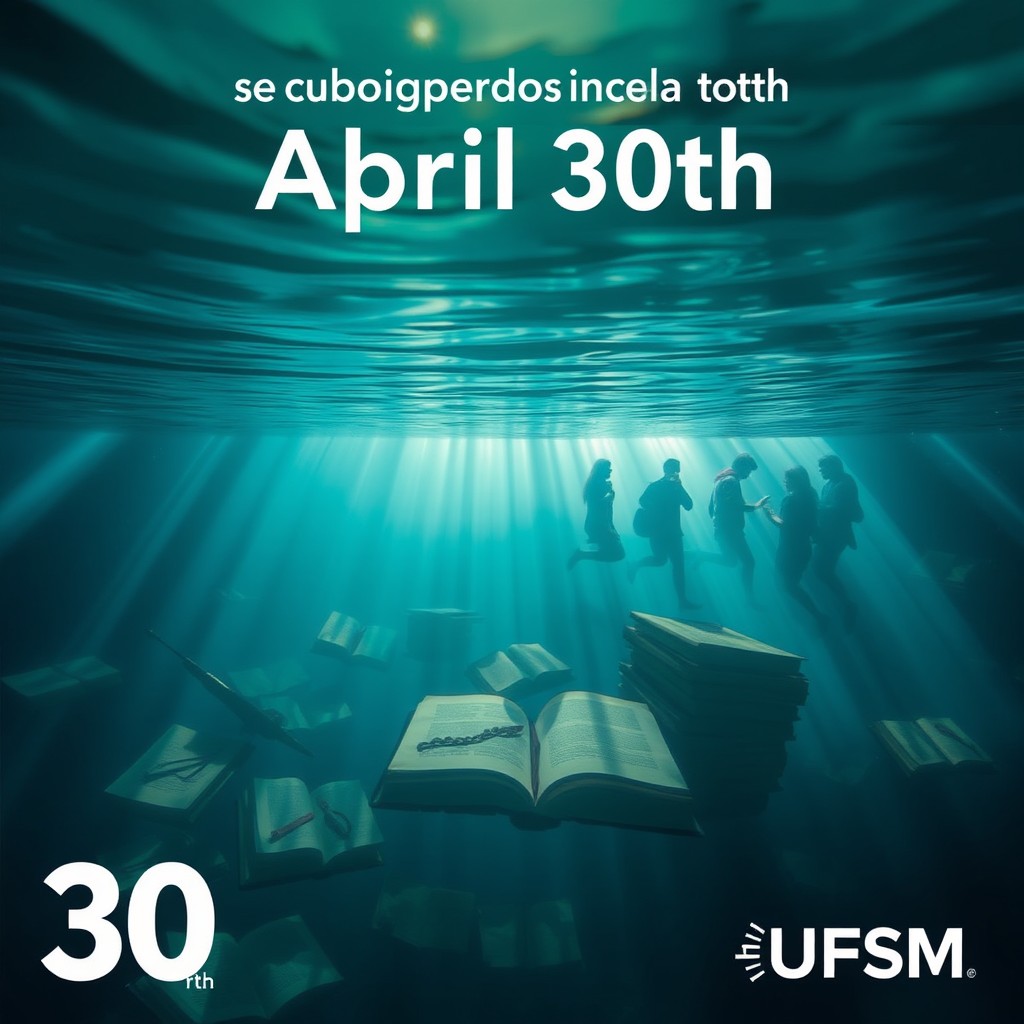 A serene underwater scene depicting the concept of 'submerged archive', illustrating the date of April 30th, symbolizing the experiences lived by the Federal University of Santa Maria (UFSM)