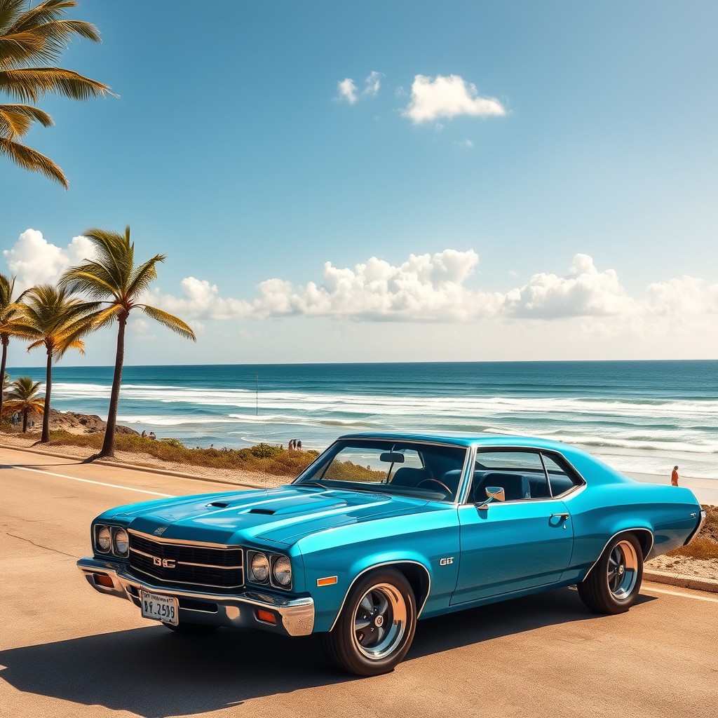 A sleek and stylish GM Veraneio, parked on a sunlit coastal road with a breathtaking ocean backdrop