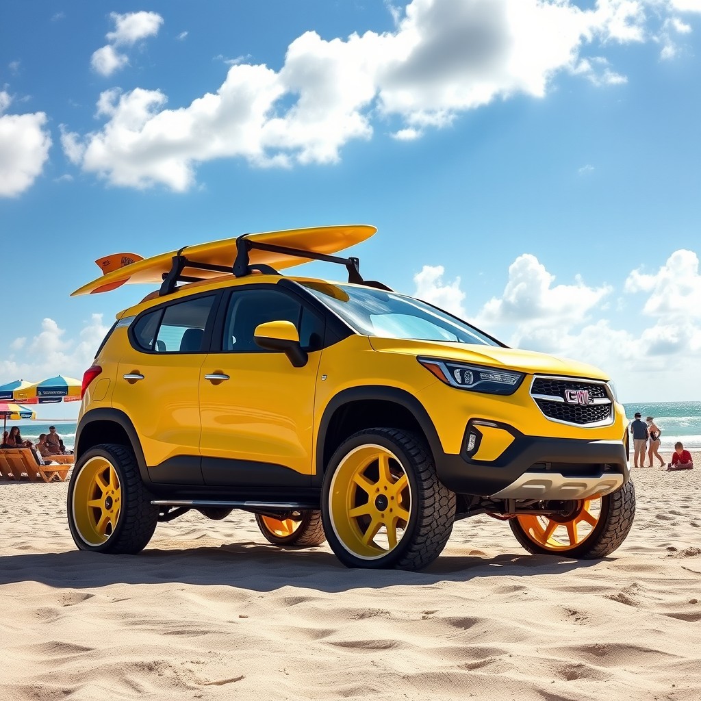 A vibrant and cheerful GM Veraneio, modified for summer adventures, parked on a sunny beachfront with colorful beach umbrellas in the background