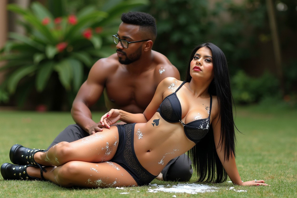 A striking Mexican woman with fair skin, long straight black hair, and a curvy medium build is lying on the ground in a spacious garden