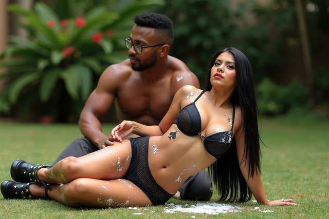 A striking Mexican woman with fair skin, long straight black hair, and a curvy medium build is lying on the ground in a spacious garden