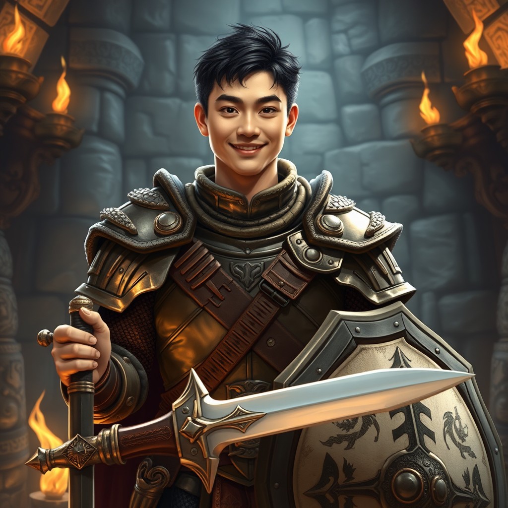 A handsome 30-year-old Asian male soldier, embodying kindness and strength, dressed in a detailed medieval fantasy armor inspired by Dungeons and Dragons