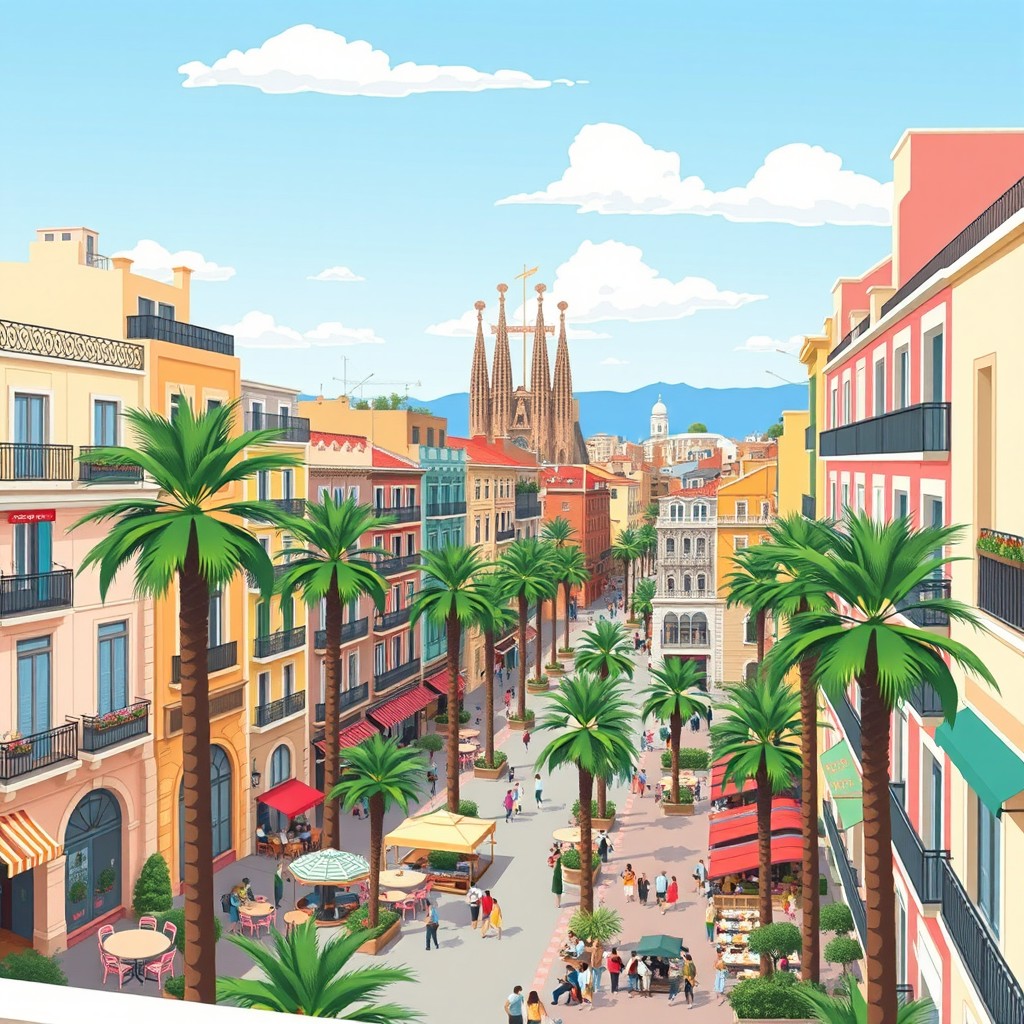 A cartoon-style illustration of a balcony view overlooking a vibrant neighborhood in Barcelona