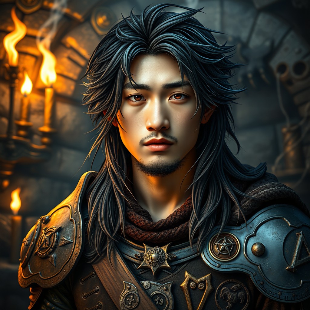 A captivating portrait of a 30-year-old Asian male with beautiful long hair, styled in a rugged and adventurous way, reflecting a Dungeons and Dragons theme