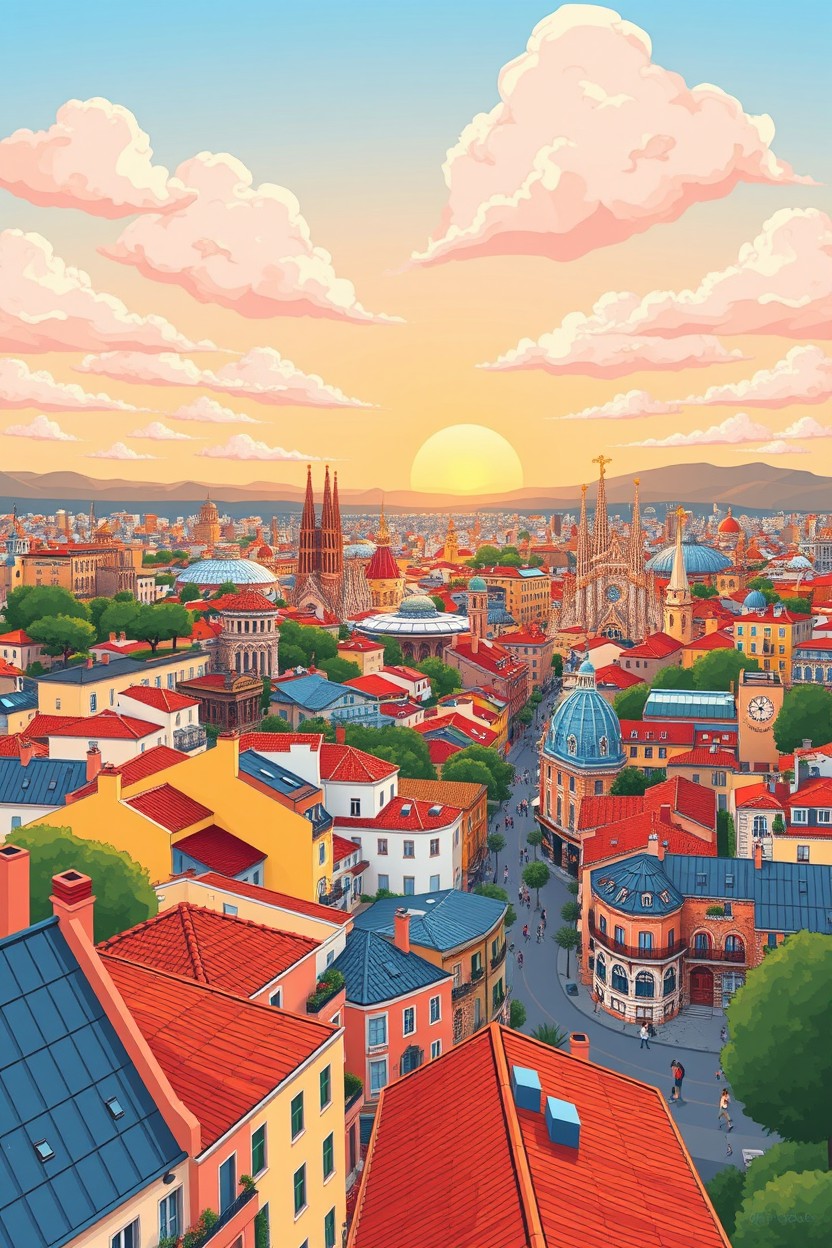 A cartoon-style illustration showcasing a panoramic view from a balcony overlooking the entire city of Barcelona