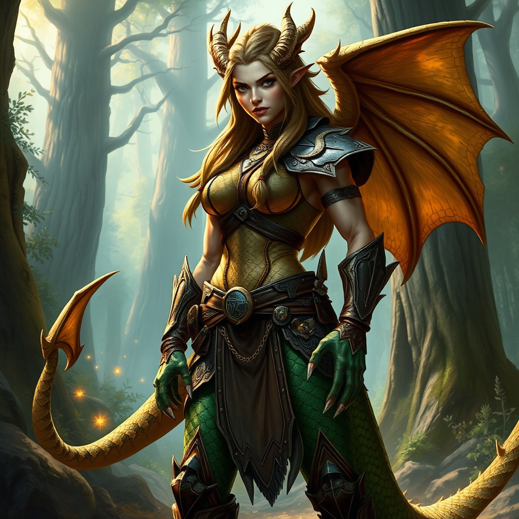 A powerful and muscular female dragonborn warrior standing confidently in a fantasy landscape