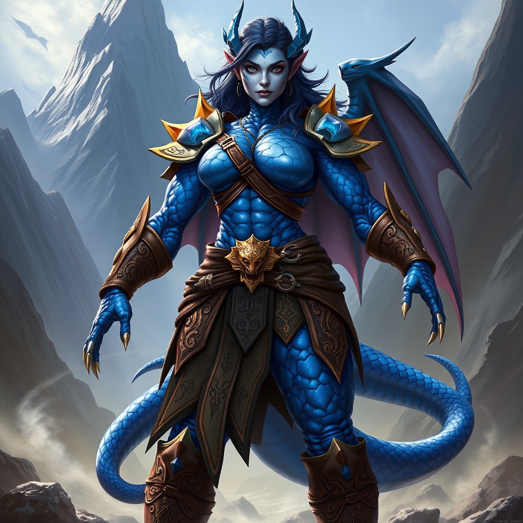 A powerful and muscular female dragonborn warrior with striking blue scales, standing tall and proud in a fantastical setting