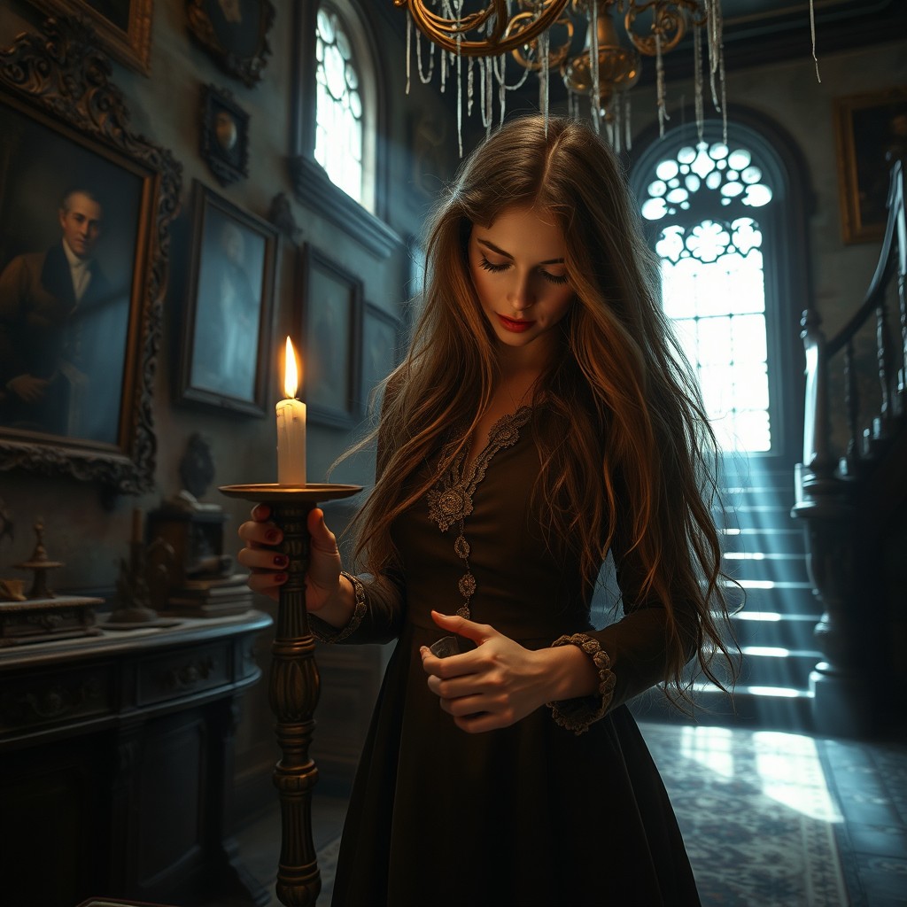 A young beautiful woman with long flowing hair, dressed in vintage clothing, exploring an old mansion filled with cobwebs and dusty antiques