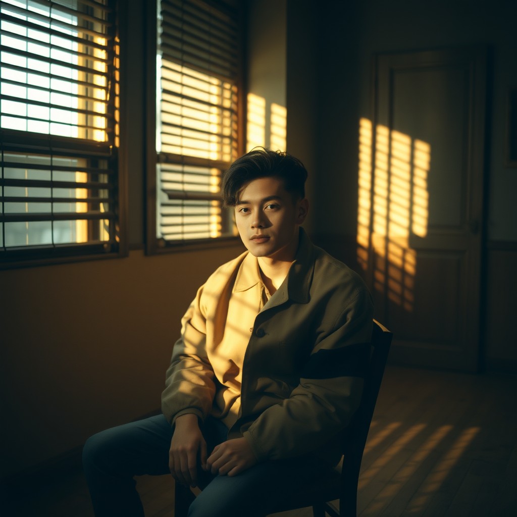 A young man sitting on a wooden chair in a dimly lit vintage room, wearing a skin-colored oversized jacket