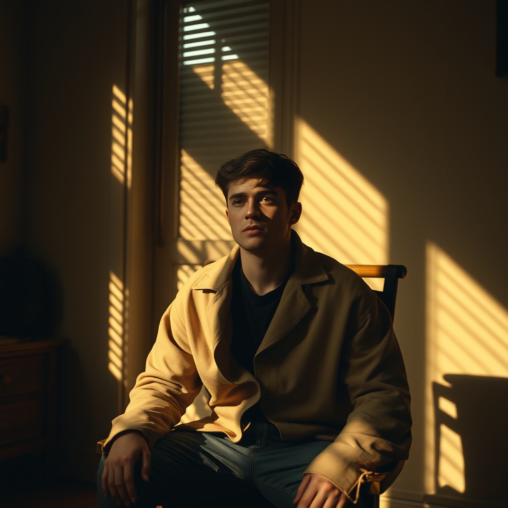 A young man sitting on a wooden chair in a dimly lit vintage room, wearing a skin-colored oversized jacket