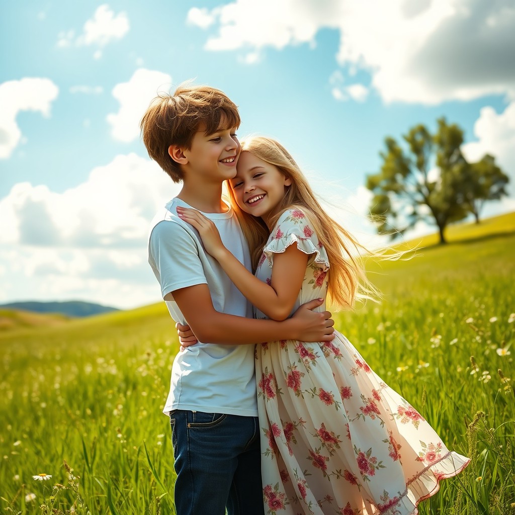 A heartwarming scene of two young people, a boy and a girl, embracing each other tenderly in a serene setting
