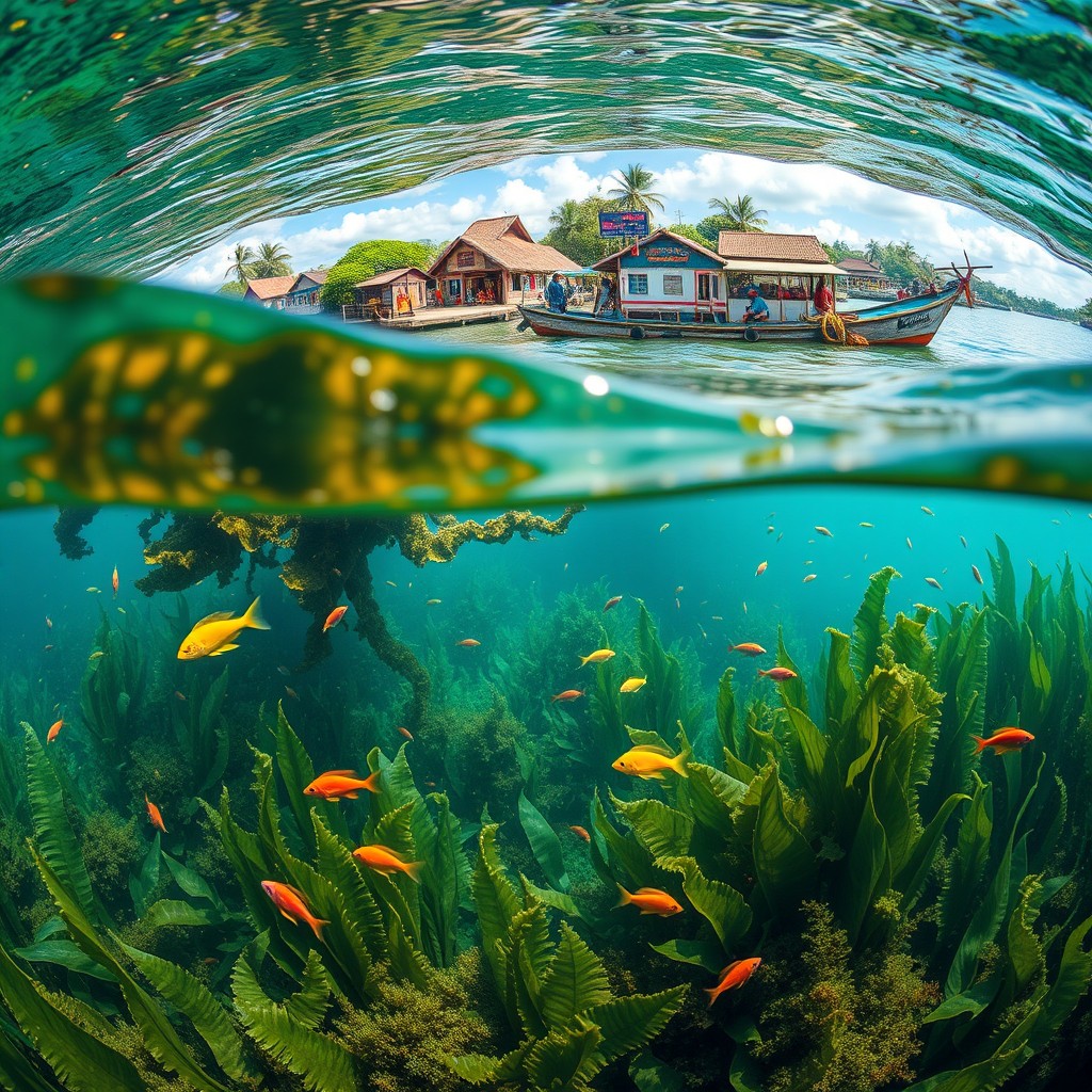 A vibrant marine ecosystem showcasing a thriving seaweed industry in Indonesia