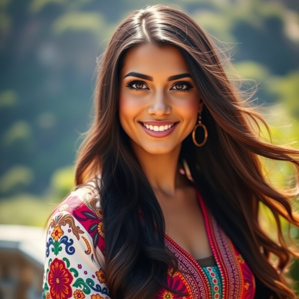 A stunning portrait of a beautiful Latin woman, featuring long, flowing dark hair, expressive brown eyes, and a warm smile