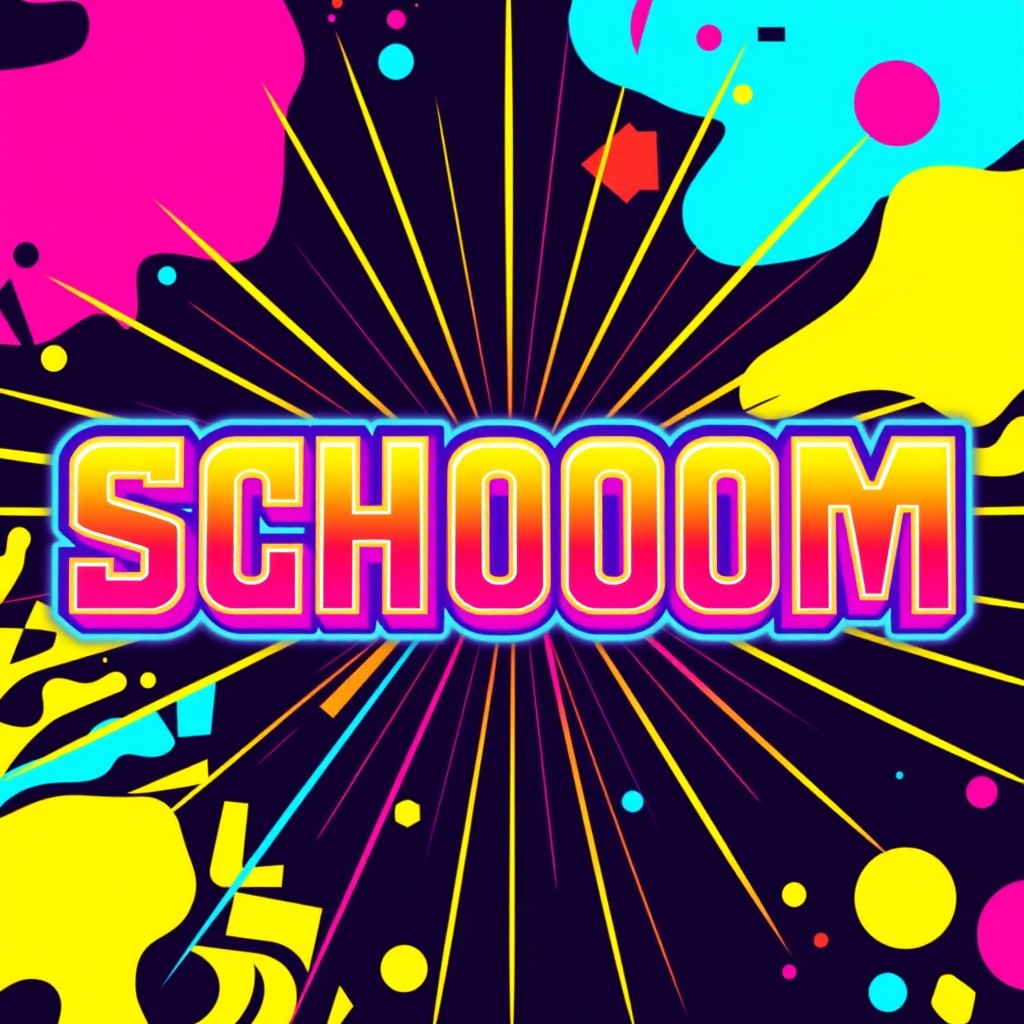 The word 'Schoom' stylized in vibrant 80s retro design
