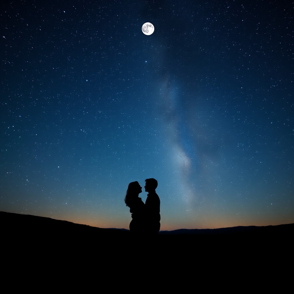A romantic scene featuring two people silhouetted against a beautiful night sky filled with stars