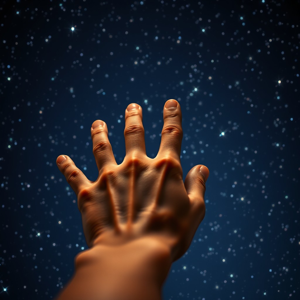 A close-up of a human hand reaching out towards a starry night sky, with countless twinkling stars in the background, creating a sense of wonder and connection to the universe