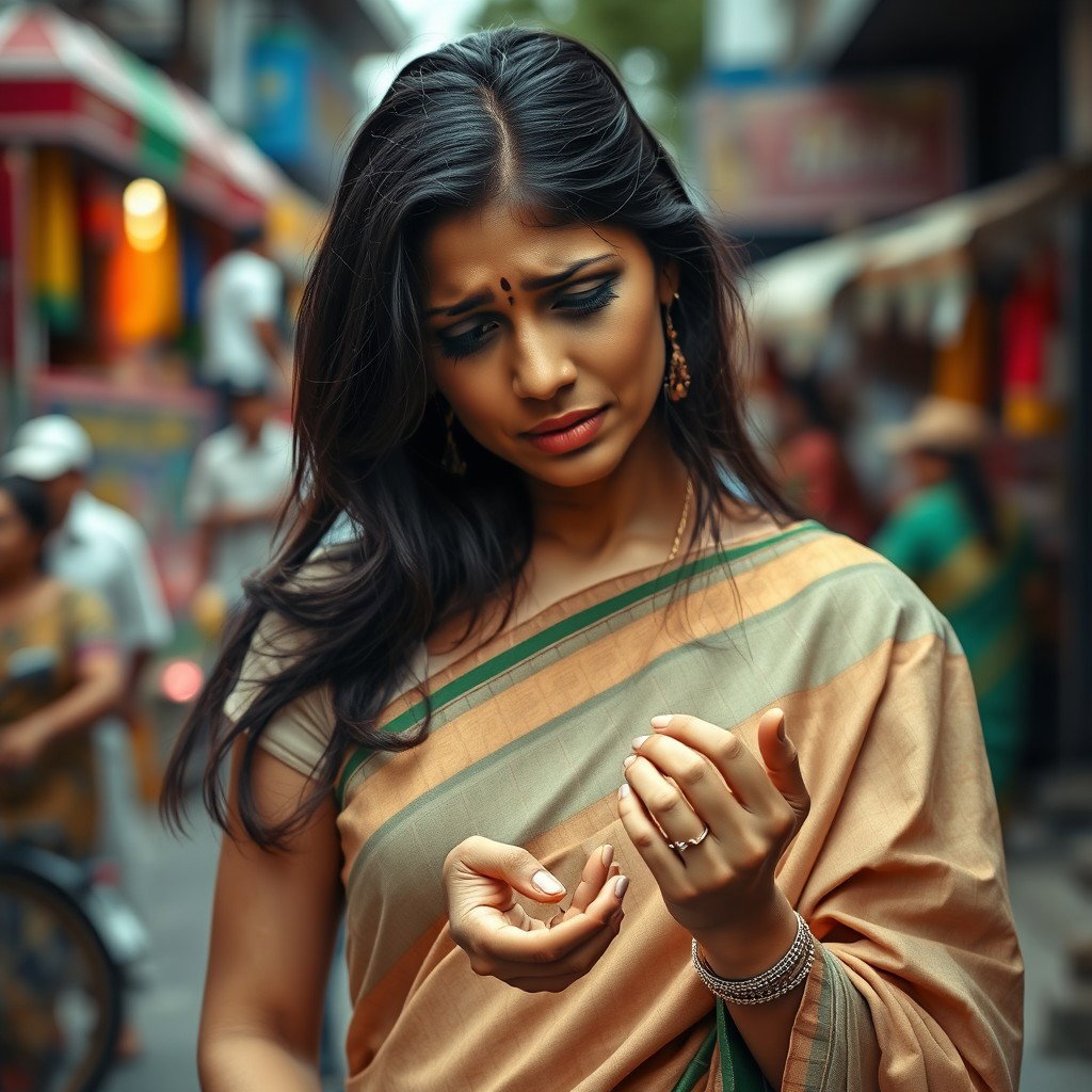 A sad Indian woman, wearing a traditional saree, is standing on a bustling urban street