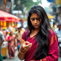 A sad Indian woman, wearing a traditional saree, is standing on a bustling urban street